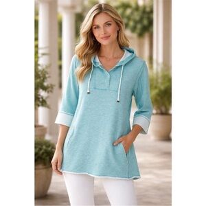 Soft Surroundings Teal Hooded Tunic Top | Coastal Cottage Boho Pullover XL